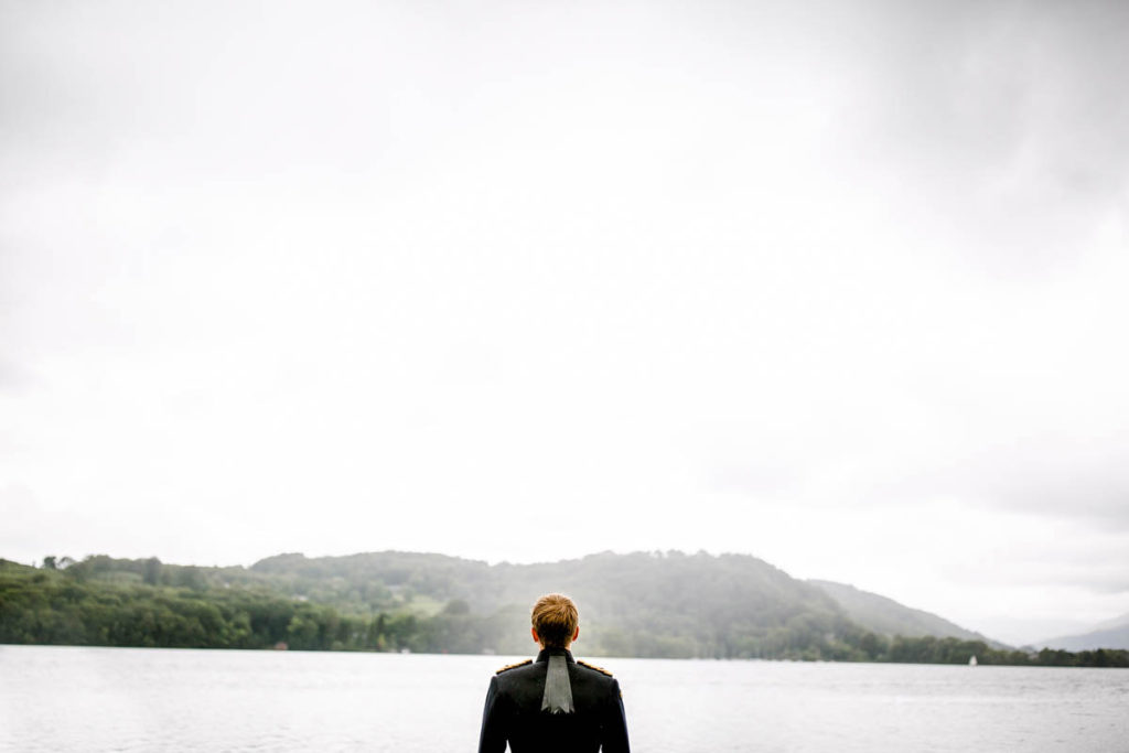 Photograph of Groom on jetty at Storrs Hall Wedding