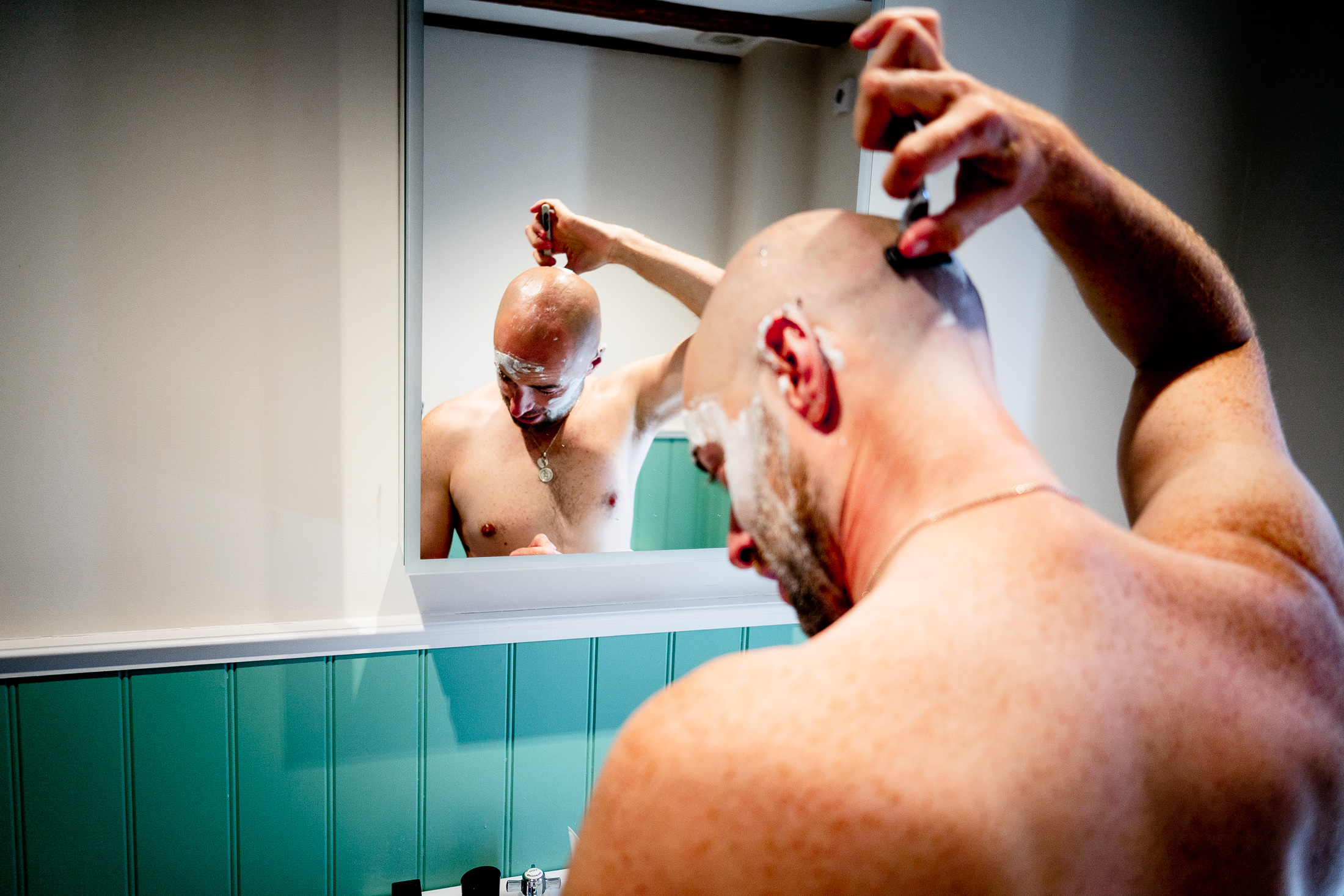 wedding prep - groom shaving 